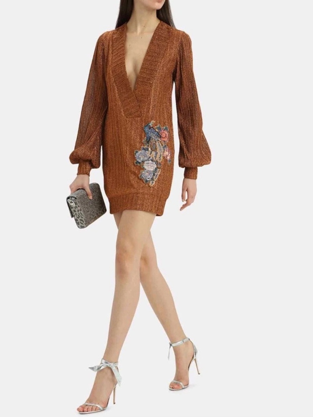 PatBO lurex embellished deep v neck mini dress copper